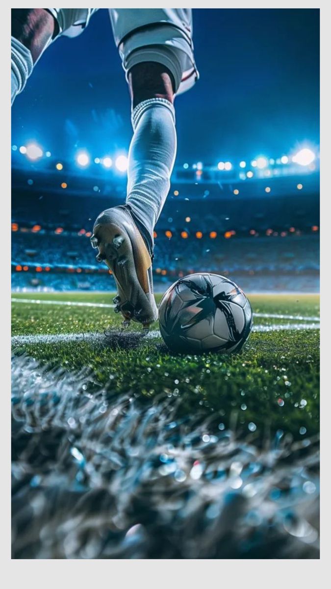 Boot striking ball under stadium lights